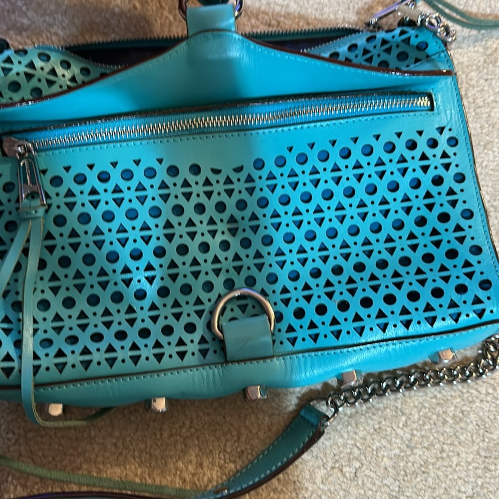Aqua laser-cut leather Rebecca Minkoff M.A.C. crossbody bag w/ silver hardware - Picture 10 of 12